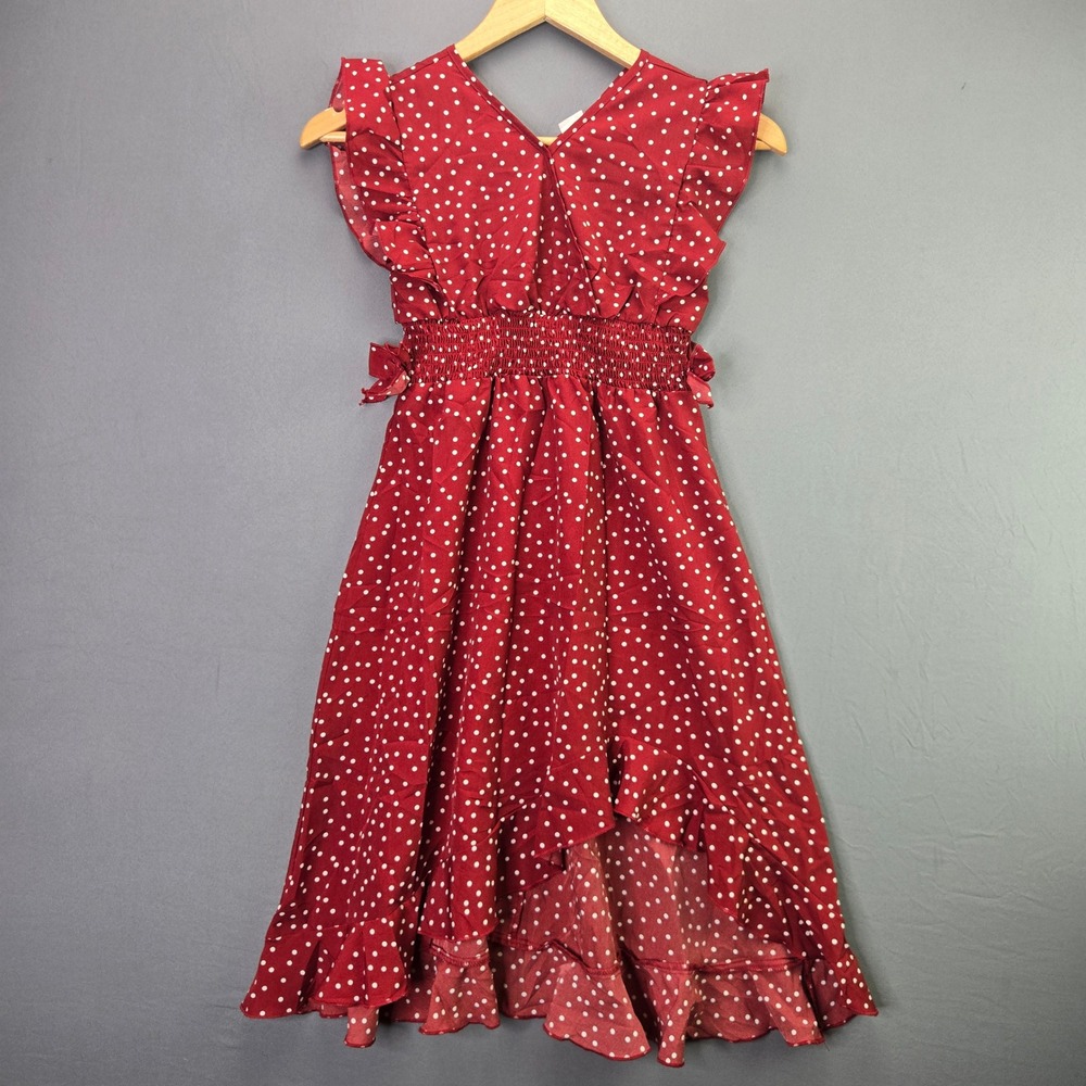 Unbranded Girls Polka Dot High Low Ruffle Dress Size 9Y Red Smocked Waist V-Neck